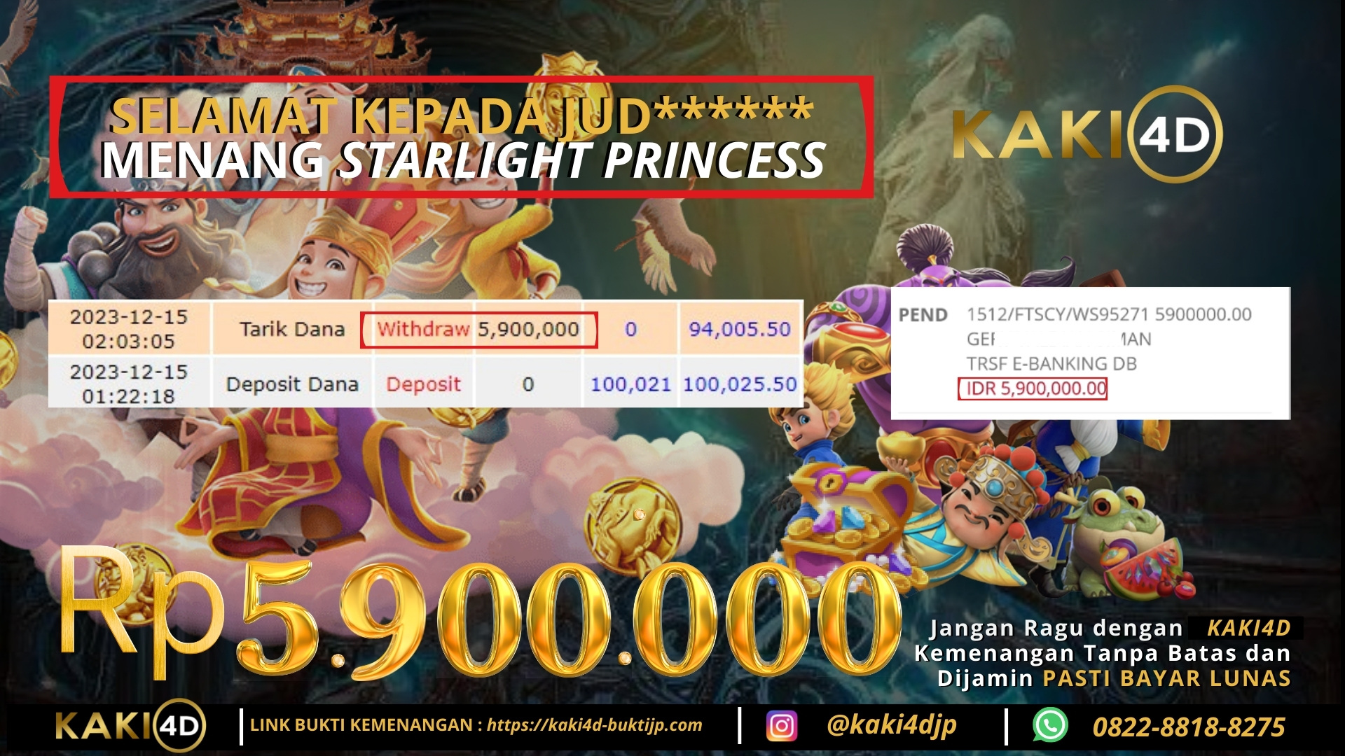 Bukti Kemenangan Member KAKI4D di STARLIGHT PRINCESS Rp 5Juta Tanggal 15 Des 2023