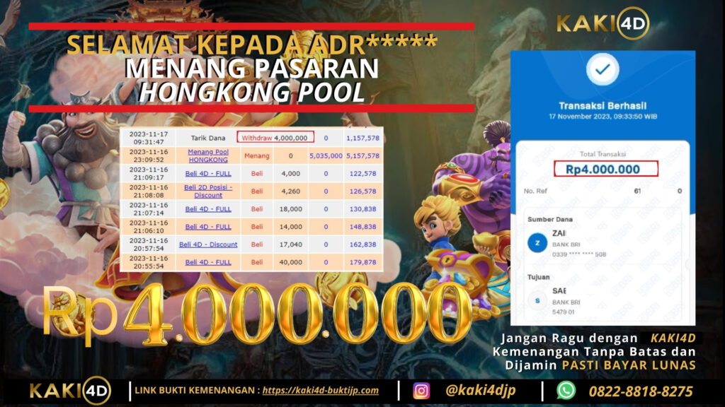 Bukti Kemenangan Member KAKI4D di HK POOL Rp 4Juta Tanggal 17 Nov 2023